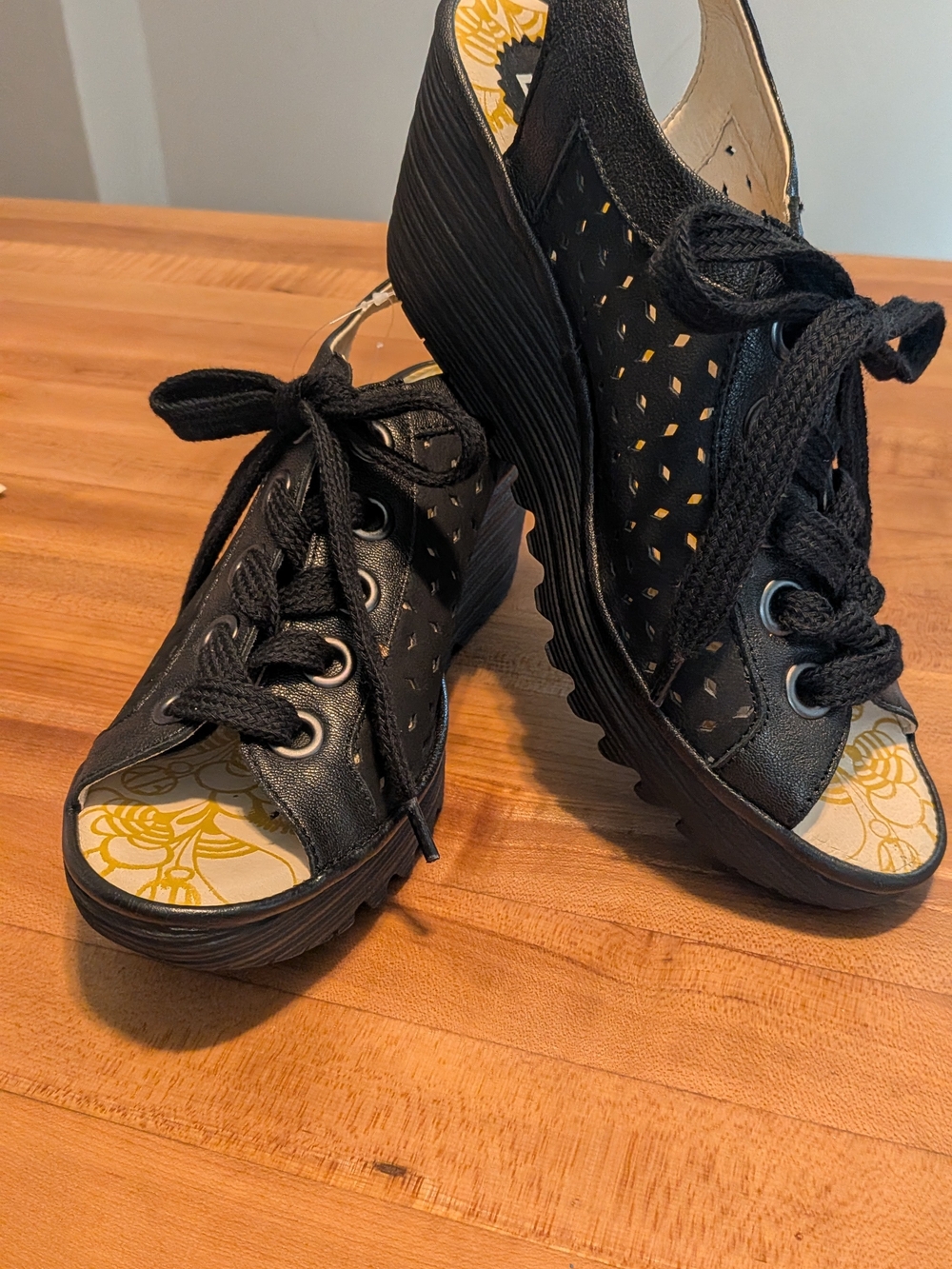Fly London Black Perforated Lace-Up Wedge Sandals